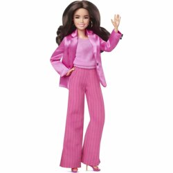 Gloria, Three-Piece Pink Power Pantsuit with Strappy Heels and Golden Earrings