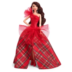 Asian, Dark Brunette Long Wavy Hair in Plaid Gown with Red Bow