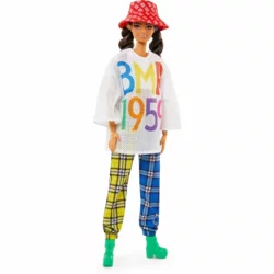 Fully Poseable Fashion Doll Mesh T-Shirt, Plaid Joggers and Bucket Hat