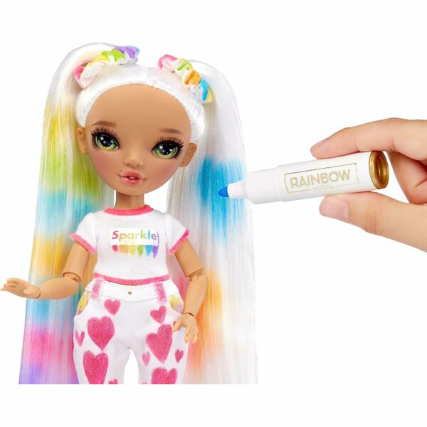 Rainbow High DIY Fashion Doll with Green Eyes, Straight Hair in 2 Pig Tails, Color & Create