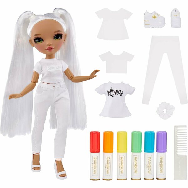 Rainbow High DIY Fashion Doll with Green Eyes, Straight Hair in 2 Pig Tails, Color & Create