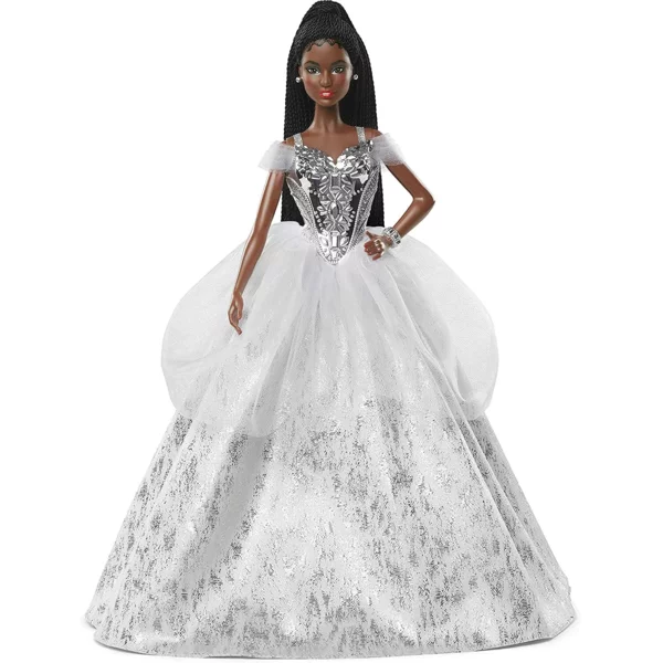 Barbie 2021 Holiday Doll, Brunette Braided Hair in Silver Gown, 2021 Holiday Barbie