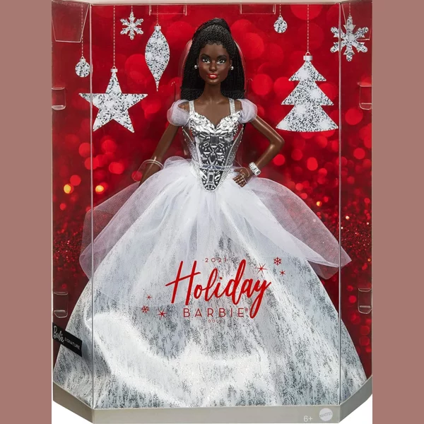 Barbie 2021 Holiday Doll, Brunette Braided Hair in Silver Gown, 2021 Holiday Barbie
