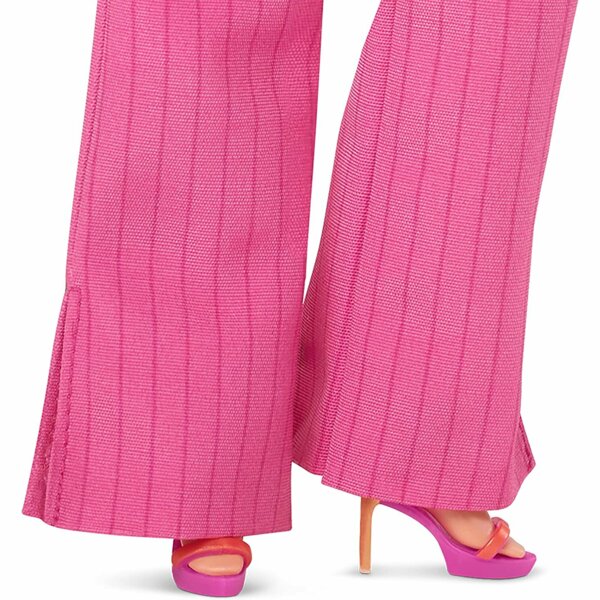 Barbie Gloria, Three-Piece Pink Power Pantsuit with Strappy Heels and Golden Earrings, The Movie 2023