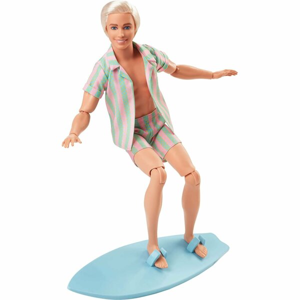 Barbie Ken, Pastel Pink and Green Striped Beach Matching Set with Surfboard and White Sneakers, The Movie 2023