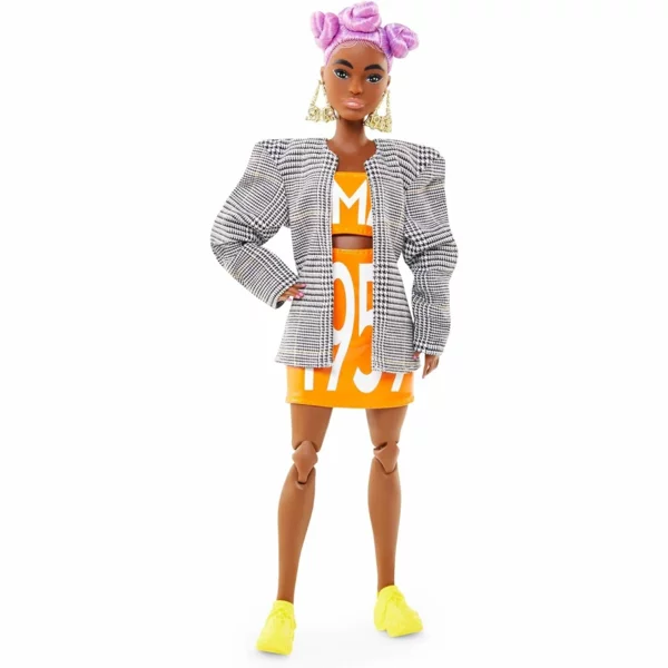 Barbie Fully Poseable Fashion Doll Lilac Hair, Matching Logo Top and Skirt with Blazer, BMR1959