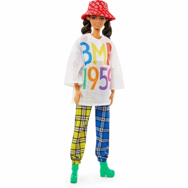 Barbie Fully Poseable Fashion Doll Mesh T-Shirt, Plaid Joggers and Bucket Hat, BMR1959