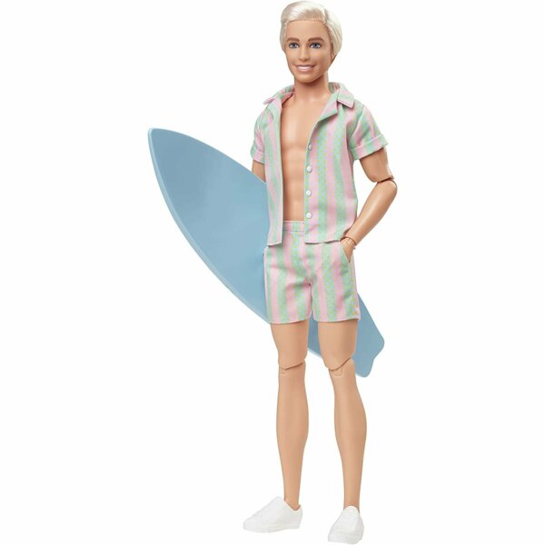 Barbie Ken, Pastel Pink and Green Striped Beach Matching Set with Surfboard and White Sneakers, The Movie 2023