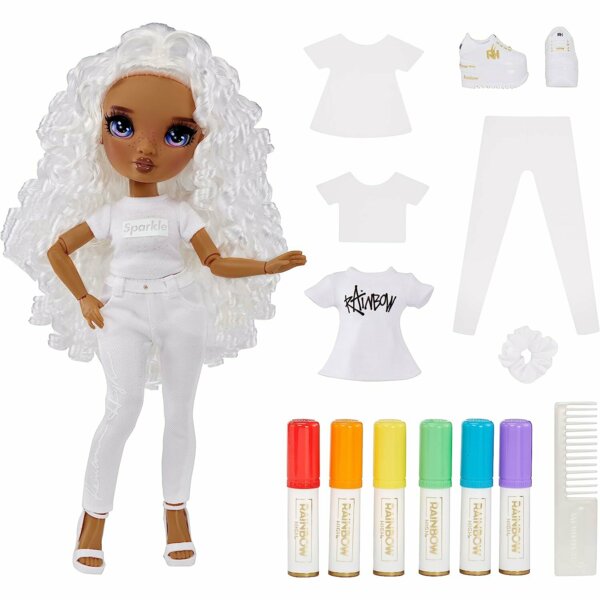Rainbow High DIY Fashion Doll with Purple Eyes, Curly Hair, Bonus Top & Shoes, Color & Create