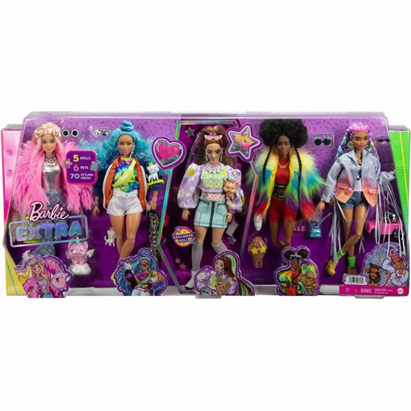 Barbie Extra 5-Doll Set with 6 Pets and 70 Styling Pieces